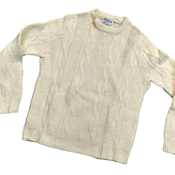 Vintage 1940s-1950s Cream Cable Knit Long Sleeve Crewneck Sweater Medium - Picture 3 of 9